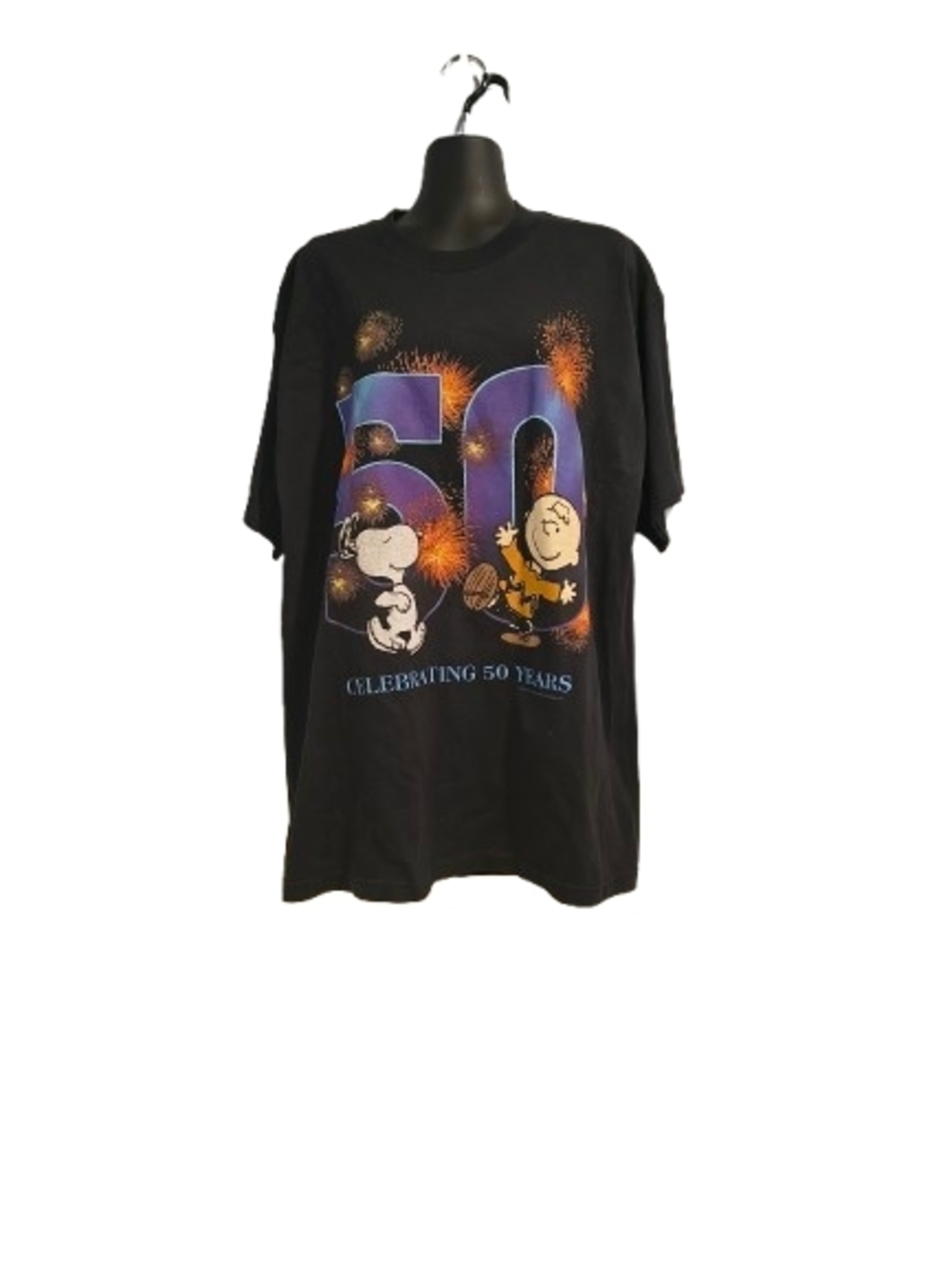 Vintage Peanuts 50th Anniversary T-Shirt XL Black Snoopy Charlie Brown Fireworks